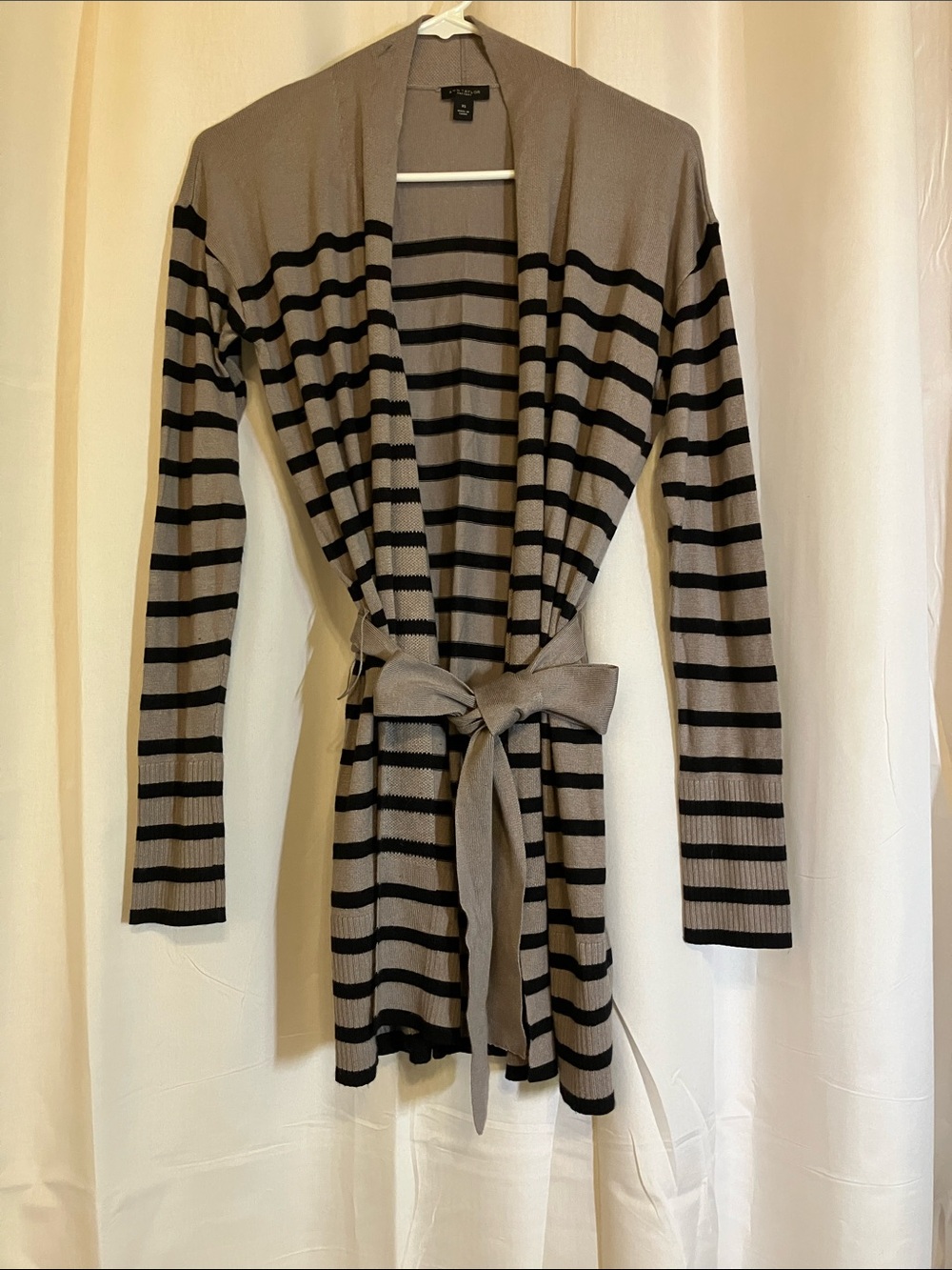 Ann Taylor Factory Taupe and Black Striped Tie-Waist Cardigan